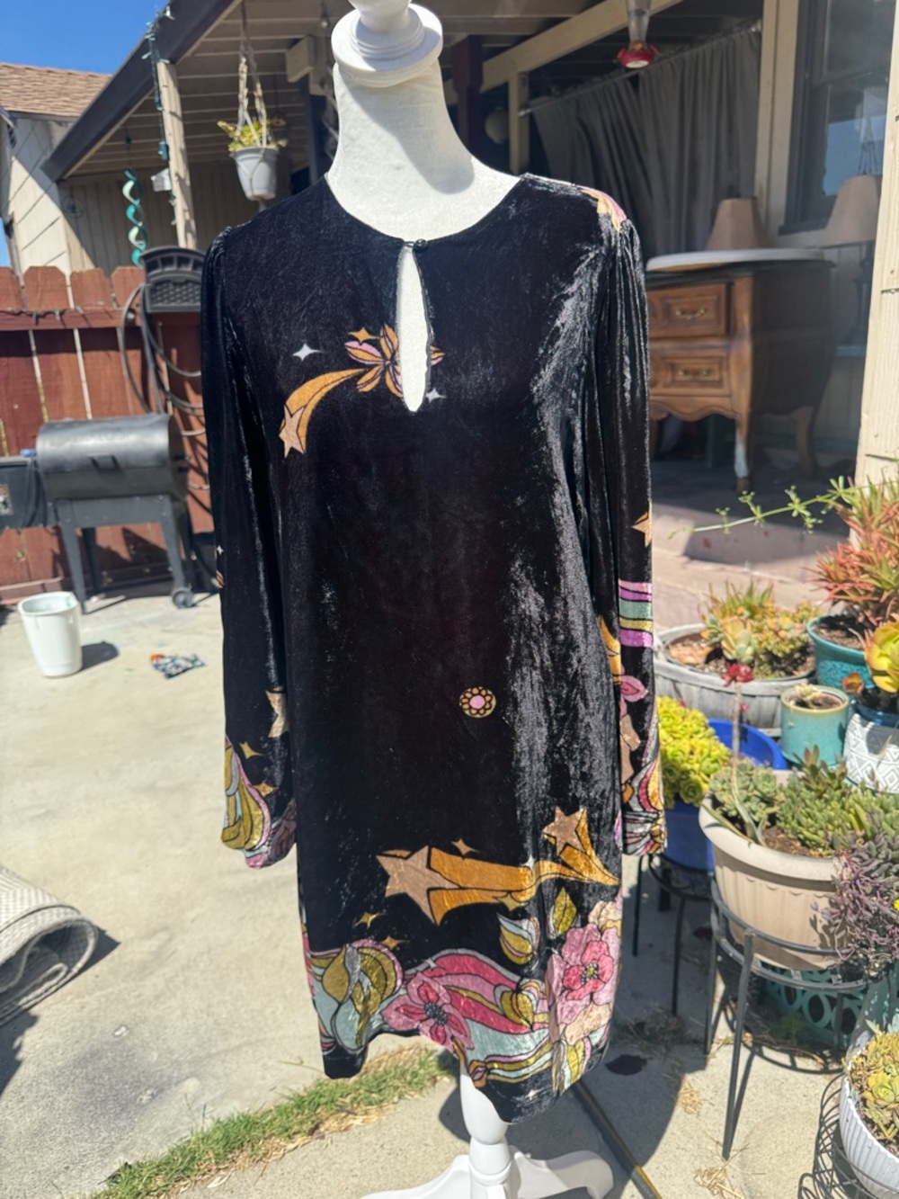Johnny Was Black Velvet Mini Dress with Pink & Gold Floral Accents